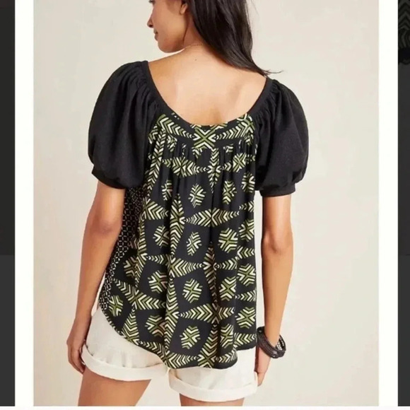 Anthropologie Maeve Black Green Catania Puff Sleeve Top Size XS - Picture 5 of 6